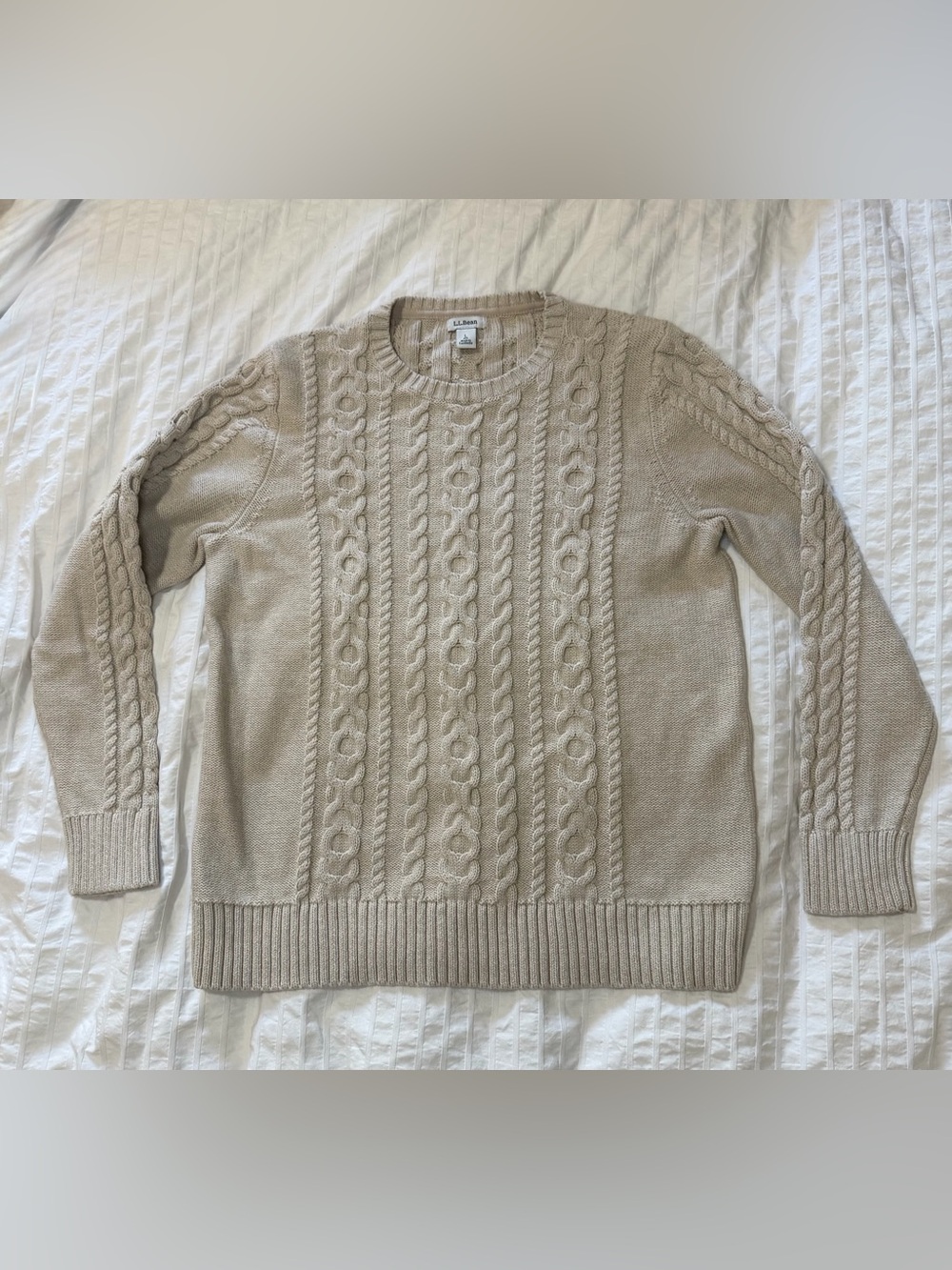 L.L.Bean 100% Cotton Cable Knit Sweater Cream Beige Size L
